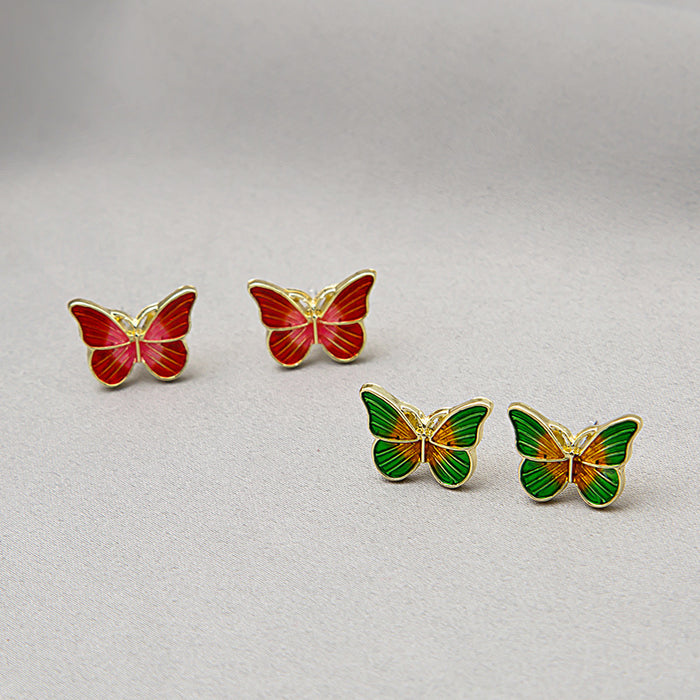Gold Enamel Butterfly Stud Earrings Green Red Finish
