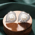 Silver Tone Leaf and Faux Pearl Crystal Stud Earrings view 3