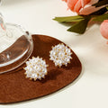 White Pearl Cluster Flower Stud Earrings Gold Accents view 2