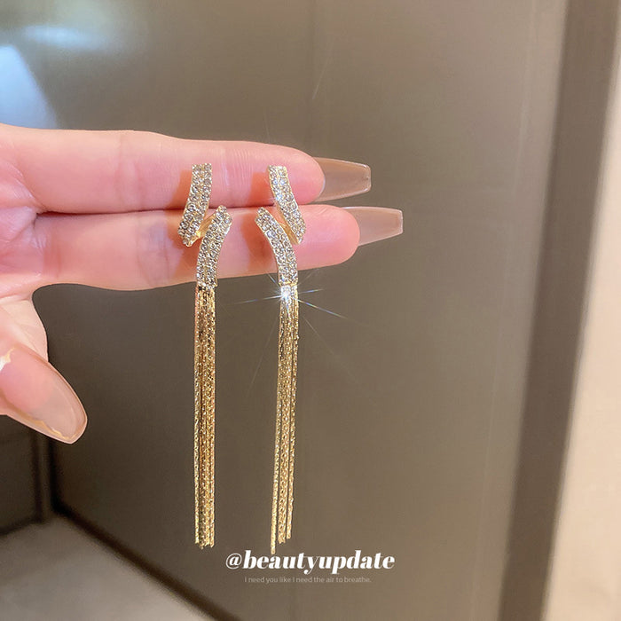 Gold Tone Geometric Crystal Chain Tassel Earrings Statement Jewelry