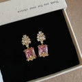 Pink Rectangular Crystal Drop Earrings in Gold and Silver Tone view 1