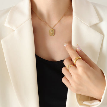 Rectangular Hands Eye Radiant Relief Pendant Necklace