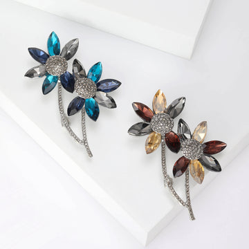 Blue Champagne Crystal Twin Flower Stem Brooch Pins