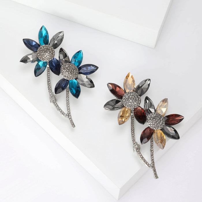 Blue Champagne Crystal Twin Flower Stem Brooch Pins