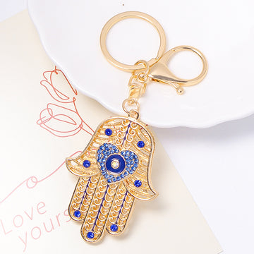 Gold Hamsa Hand Evil Eye Keychain Blue Rhinestones Clasp