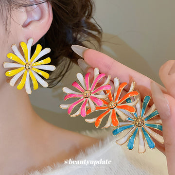 Pink and White Enamel Daisy Statement Stud Earrings