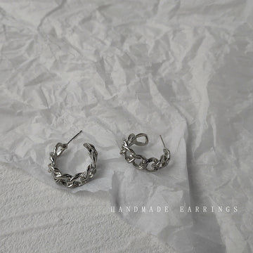 Silver Tone Curb Chain Link Open Hoop Stud Earrings