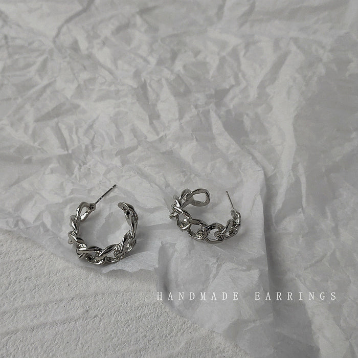 Silver Tone Curb Chain Link Open Hoop Stud Earrings