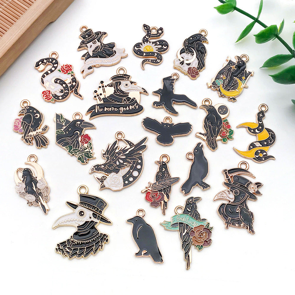 Enamel Zinc Alloy Skull Crow Bird Charm Pendants for Dark Style DIY Bracelet Keychain Jewelry