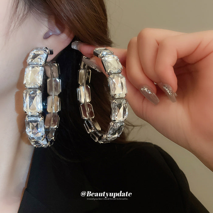 Wide Rectangular Crystal Hoop Earrings in Silver Tone