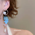 Blue Fabric Flower Earrings With Pearl And Teardrop Accents view 3
