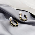 Gold Tone Pearl Stud Chain Hoop Earrings Leather Wrap view 3