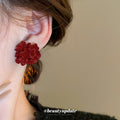 Deep Red Layered Fabric Flower Stud Earrings With Ruffled Petals view 3