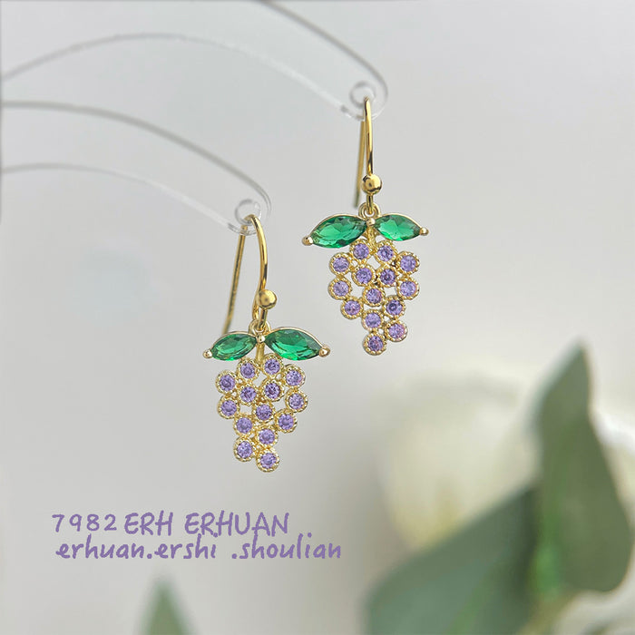 Gold Hook Purple Crystal Grape Drop Earrings Green Leaves