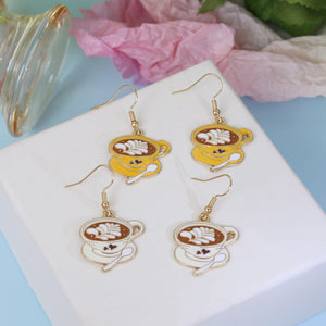 Yellow Enamel Coffee Cup Drop Earrings With Latte Art