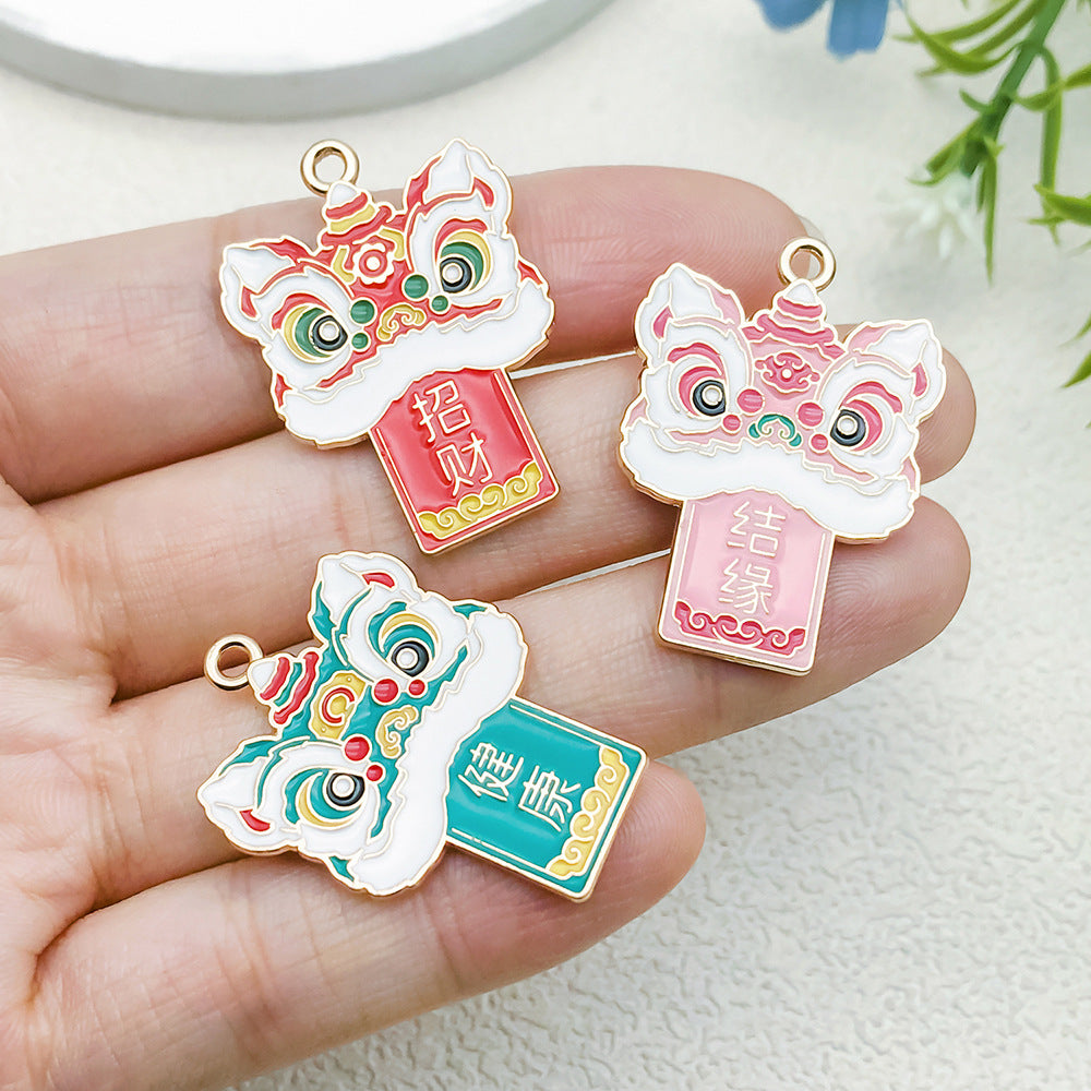 Enamel Zinc Alloy Lion Dance Charm Pendant for DIY Keychain Bracelet Necklace Jewelry