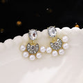 Gold Oval Crystal Stud Earrings with Pearl Fan Drops view 2