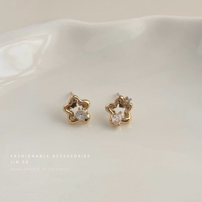 Gold Tone Open Five Petal Flower Clear Stone Stud Earrings