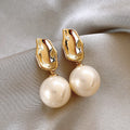 Gold Sculpted Metal And White Pearl Drop Earrings Statement Jewelry view 1