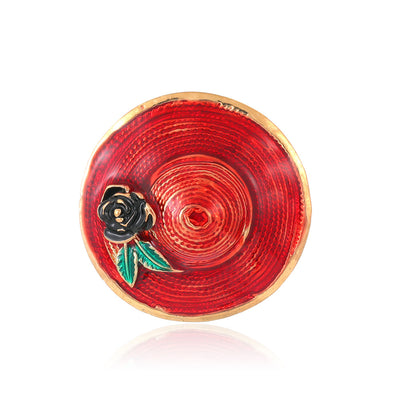 Front product view of the sun hat brooch pin in red and gold