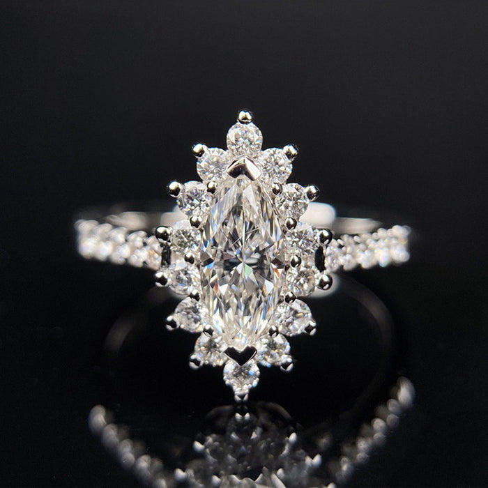 White Gold Marquise Halo Clear CZ Floral Finger Ring