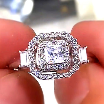 Silver Tone Square Stone Double Halo Statement Ring