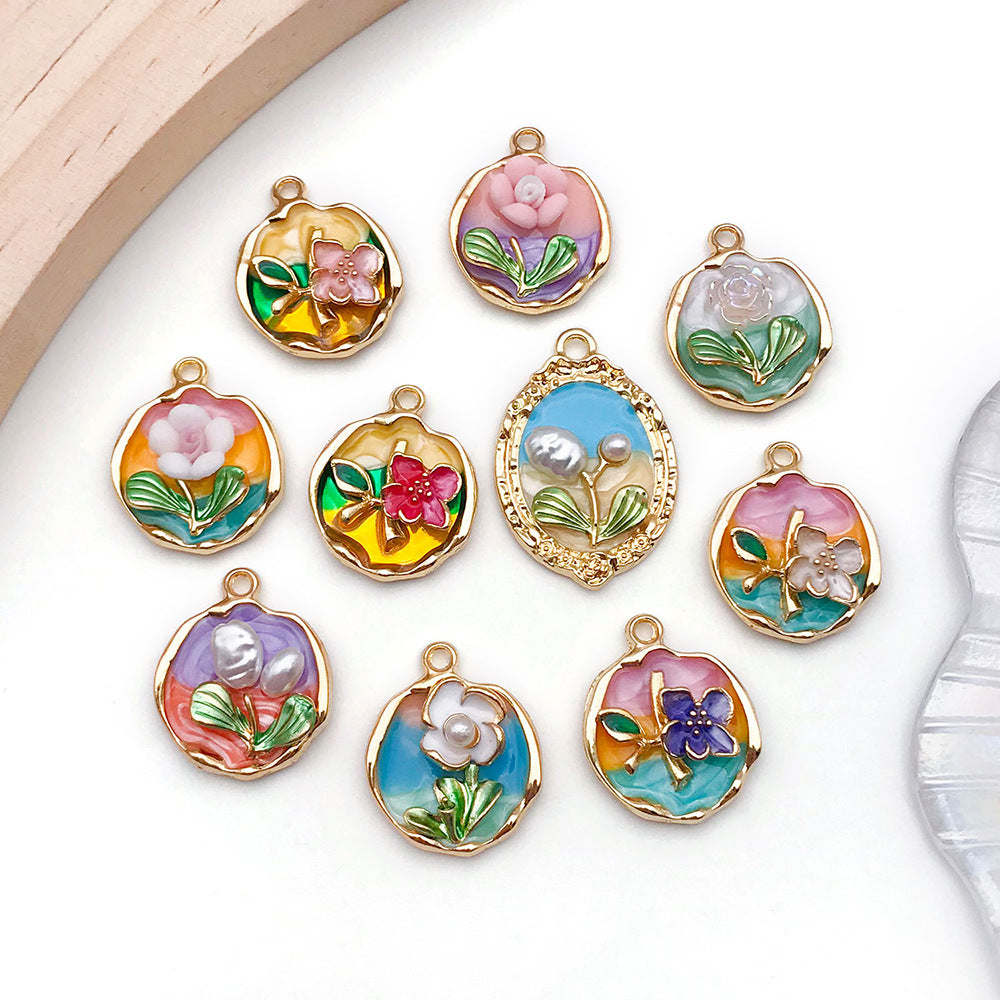 Enamel Zinc Alloy Flower Oval Charm Pendant for DIY Necklace Keychain Jewelry Making