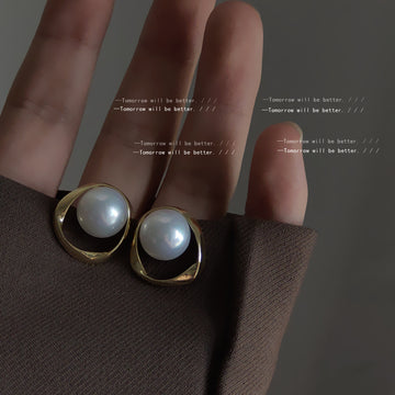Gold Irregular Open Frame Pearl Stud Earrings Large