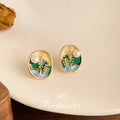 Gold Tone Green Blue Painted Floral Pearl Stud Earrings view 3