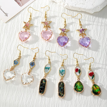Heart Crystal Dried Flower Resin Dangle Earrings 5 Styles