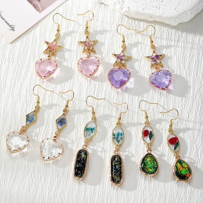 Heart Crystal Dried Flower Resin Dangle Earrings 5 Styles