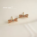 Gold Mini Wine Red Enamel Bow Stud Earrings Blue Accent view 4