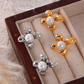Flower Petal Stud Earrings White Pearl Center Gold Steel view 4
