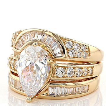 Pear Center Stone Three Piece Ring Set In Gold Tone