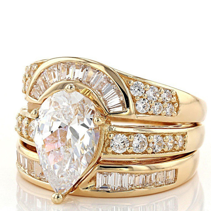 Pear Center Stone Three Piece Ring Set In Gold Tone