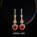 Gold Long Drop Red Heart CZ Earrings Pavé Halo Design view 3