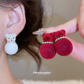 Velvet Bear and Pom Pom Stud Earrings in Red and White view 1