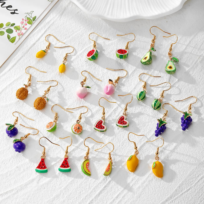 Enamel Fruit Charm Drop Earrings Gold Hooks 13 Styles