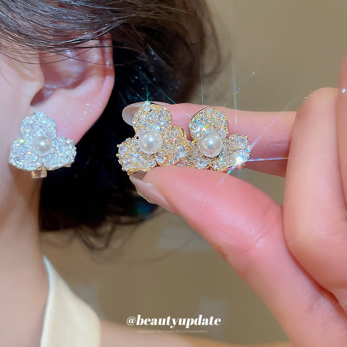 Crystal Flower Pearl Clip-On Stud Earrings with Polished Metal Details