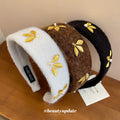 Furry Leaf Pearl Headband Coffee and White Wool Band view 2