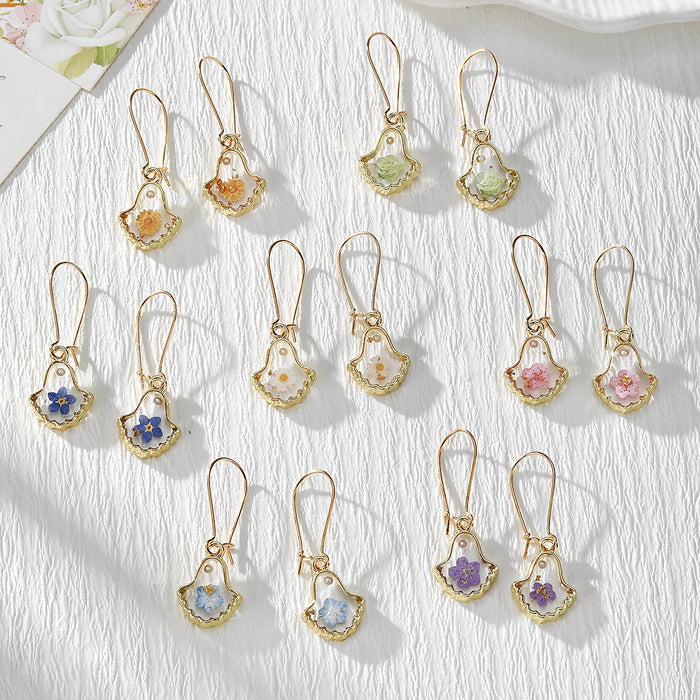 Gold Tone Shell-Shaped Pressed Flower Drop Earrings in Seven Designs