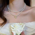 Double Strand White Pearl Necklace Iridescent Heart Pendant view 1