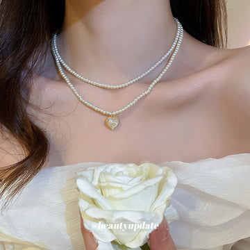Double Strand White Pearl Necklace Iridescent Heart Pendant