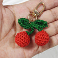 Crochet Red Cherry Green Leaf Charm Gold Tone Clasp view 2
