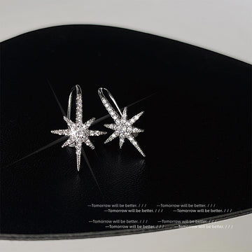 Silver Tone Clear Stone Eight Point Starburst Long Hoop Earrings
