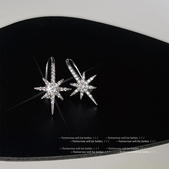 Silver Tone Clear Stone Eight Point Starburst Long Hoop Earrings