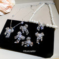 Silver Crystal Bow Pearl Necklace Ear Clip Stud Four Styles view 3