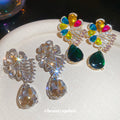 Multicolor Crystal Flower and Green Teardrop Earrings view 4