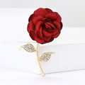 Fabric Rose Brooch Red or Dusty Pink Rhinestone Leaf Pin view 2
