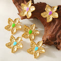 Gold Hammered Flower Stud Earrings Purple Blue Green Enamel view 2